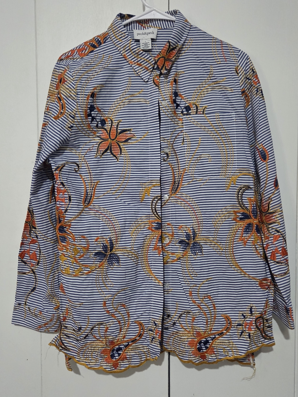 Peck & Peck Blue White Striped Floral Embroidered Button Down Shirt Scallop Hem